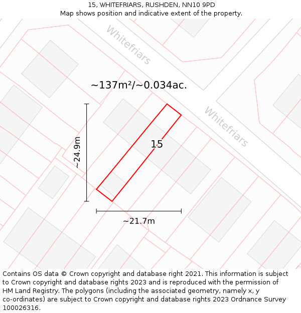15, WHITEFRIARS, RUSHDEN, NN10 9PD: Plot and title map