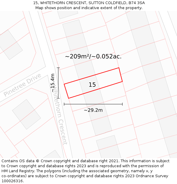 15, WHITETHORN CRESCENT, SUTTON COLDFIELD, B74 3SA: Plot and title map