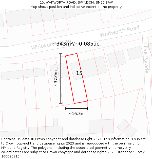 15, WHITWORTH ROAD, SWINDON, SN25 3AW: Plot and title map