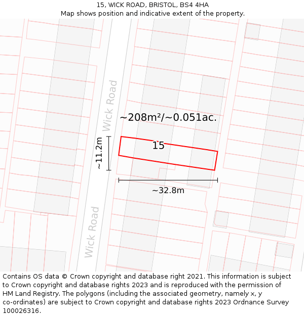 15, WICK ROAD, BRISTOL, BS4 4HA: Plot and title map