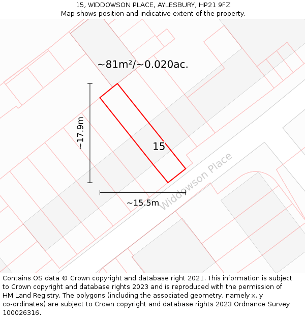 15, WIDDOWSON PLACE, AYLESBURY, HP21 9FZ: Plot and title map