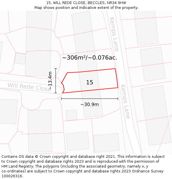 15, WILL REDE CLOSE, BECCLES, NR34 9HW: Plot and title map