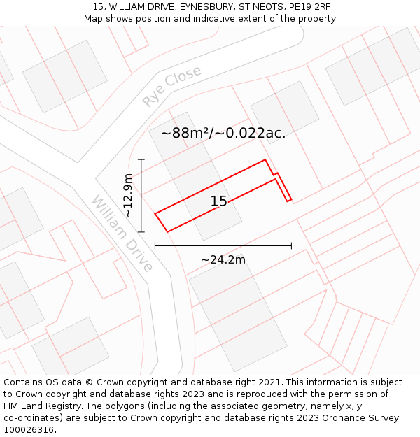 15, WILLIAM DRIVE, EYNESBURY, ST NEOTS, PE19 2RF: Plot and title map