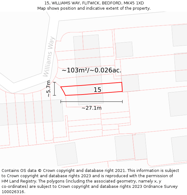 15, WILLIAMS WAY, FLITWICK, BEDFORD, MK45 1XD: Plot and title map