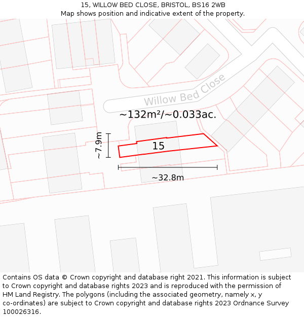 15, WILLOW BED CLOSE, BRISTOL, BS16 2WB: Plot and title map