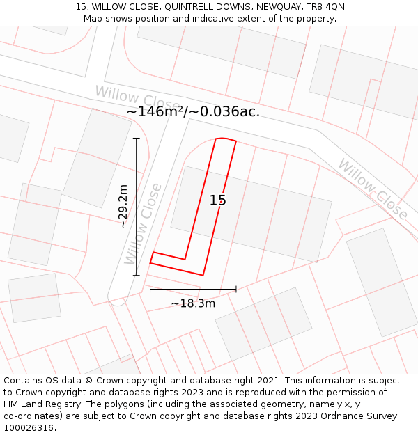 15, WILLOW CLOSE, QUINTRELL DOWNS, NEWQUAY, TR8 4QN: Plot and title map