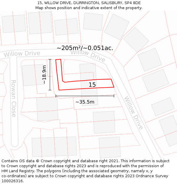 15, WILLOW DRIVE, DURRINGTON, SALISBURY, SP4 8DE: Plot and title map
