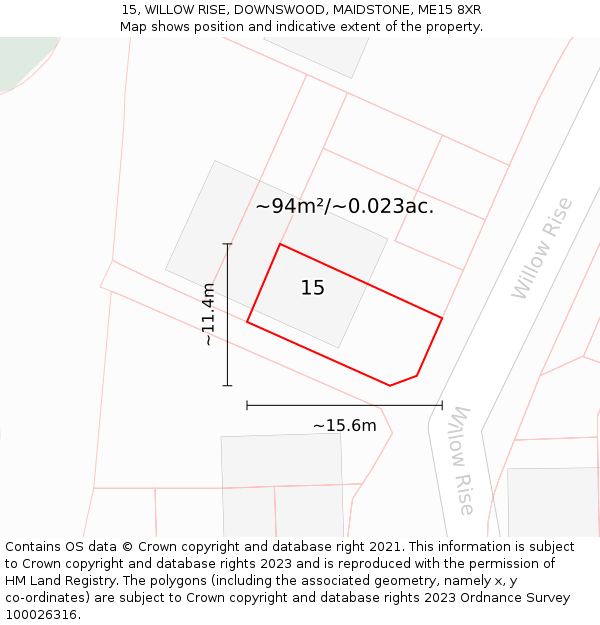 15, WILLOW RISE, DOWNSWOOD, MAIDSTONE, ME15 8XR: Plot and title map