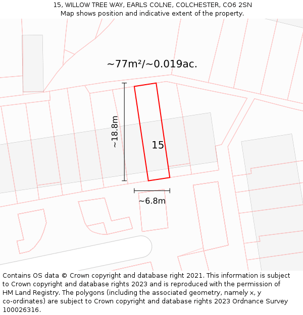 15, WILLOW TREE WAY, EARLS COLNE, COLCHESTER, CO6 2SN: Plot and title map