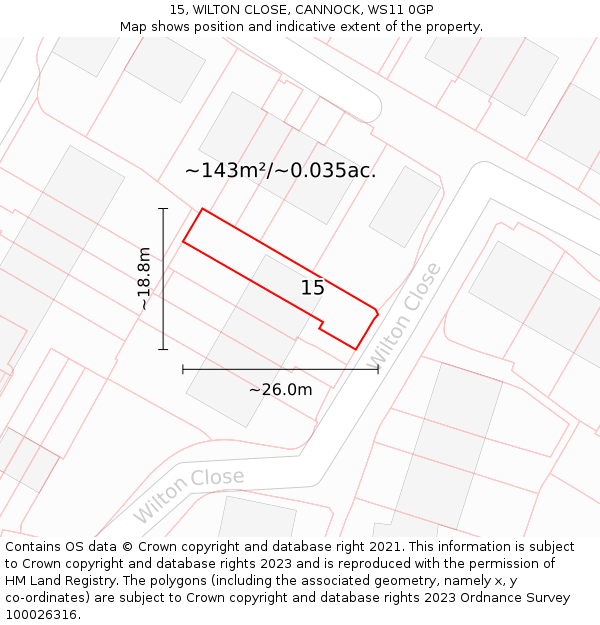 15, WILTON CLOSE, CANNOCK, WS11 0GP: Plot and title map