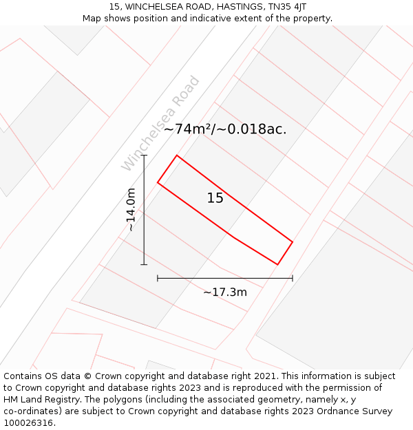 15, WINCHELSEA ROAD, HASTINGS, TN35 4JT: Plot and title map
