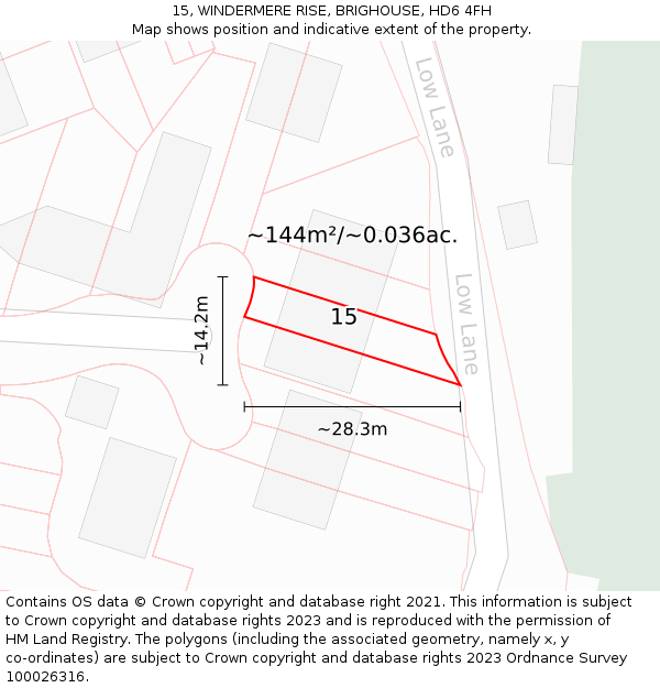 15, WINDERMERE RISE, BRIGHOUSE, HD6 4FH: Plot and title map