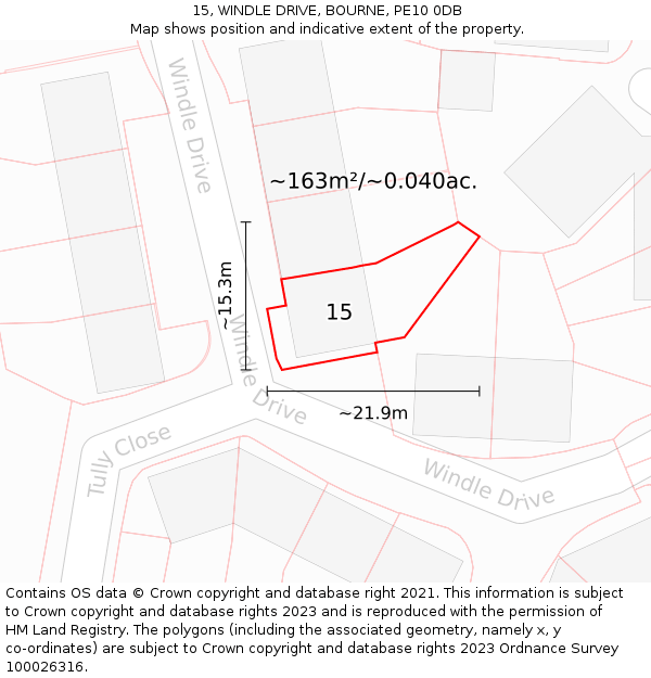 15, WINDLE DRIVE, BOURNE, PE10 0DB: Plot and title map