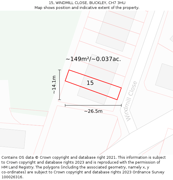 15, WINDMILL CLOSE, BUCKLEY, CH7 3HU: Plot and title map
