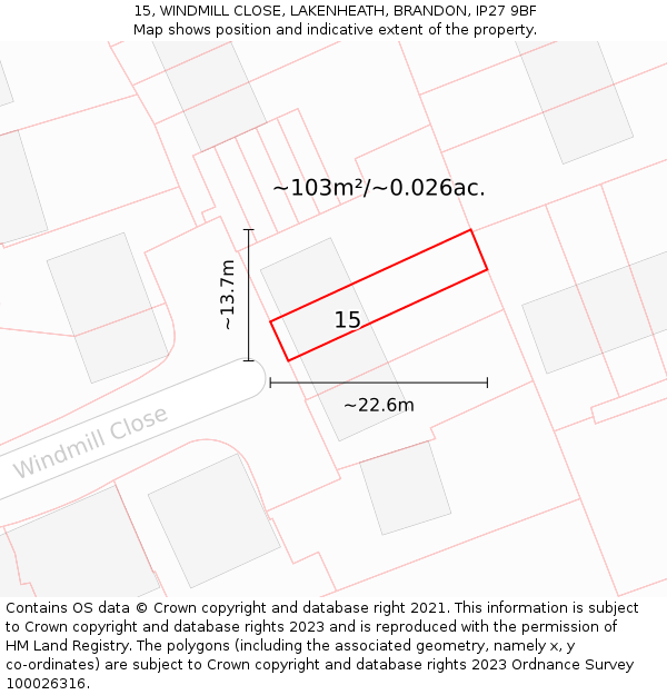 15, WINDMILL CLOSE, LAKENHEATH, BRANDON, IP27 9BF: Plot and title map