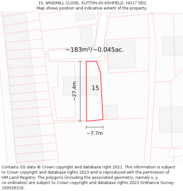 15, WINDMILL CLOSE, SUTTON-IN-ASHFIELD, NG17 5EQ: Plot and title map