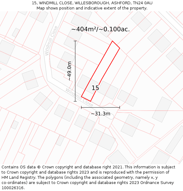 15, WINDMILL CLOSE, WILLESBOROUGH, ASHFORD, TN24 0AU: Plot and title map
