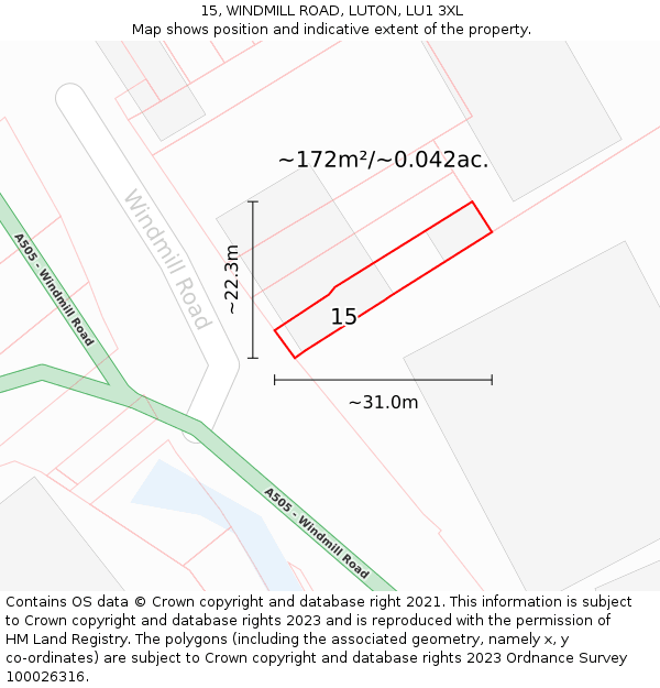 15, WINDMILL ROAD, LUTON, LU1 3XL: Plot and title map