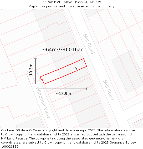 15, WINDMILL VIEW, LINCOLN, LN1 3JW: Plot and title map