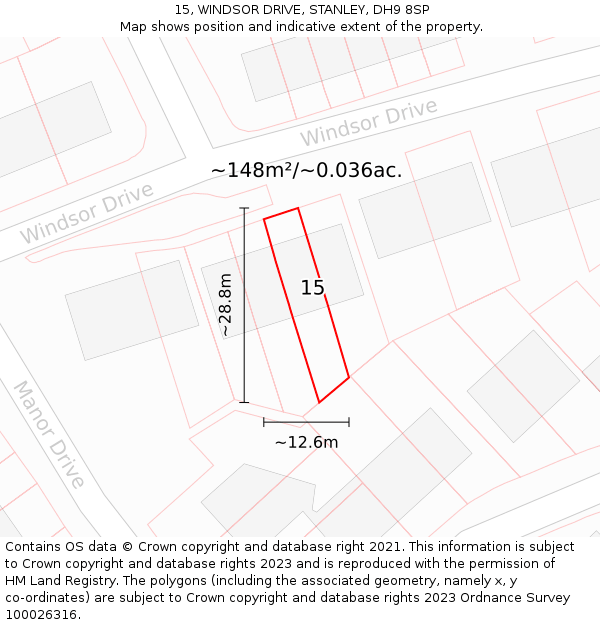 15, WINDSOR DRIVE, STANLEY, DH9 8SP: Plot and title map