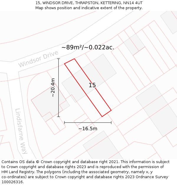 15, WINDSOR DRIVE, THRAPSTON, KETTERING, NN14 4UT: Plot and title map