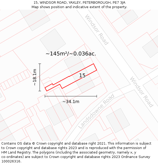 15, WINDSOR ROAD, YAXLEY, PETERBOROUGH, PE7 3JA: Plot and title map
