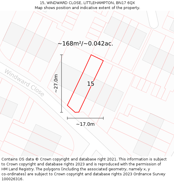 15, WINDWARD CLOSE, LITTLEHAMPTON, BN17 6QX: Plot and title map