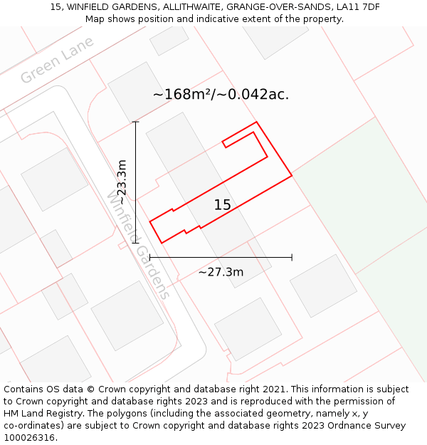 15, WINFIELD GARDENS, ALLITHWAITE, GRANGE-OVER-SANDS, LA11 7DF: Plot and title map