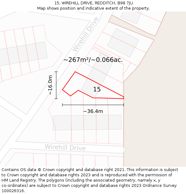 15, WIREHILL DRIVE, REDDITCH, B98 7JU: Plot and title map