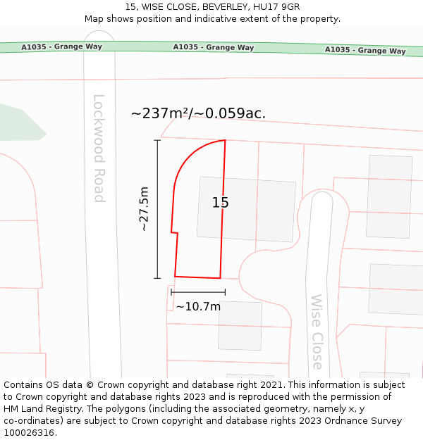 15, WISE CLOSE, BEVERLEY, HU17 9GR: Plot and title map