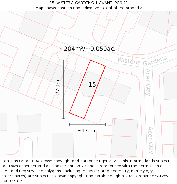 15, WISTERIA GARDENS, HAVANT, PO9 2FJ: Plot and title map