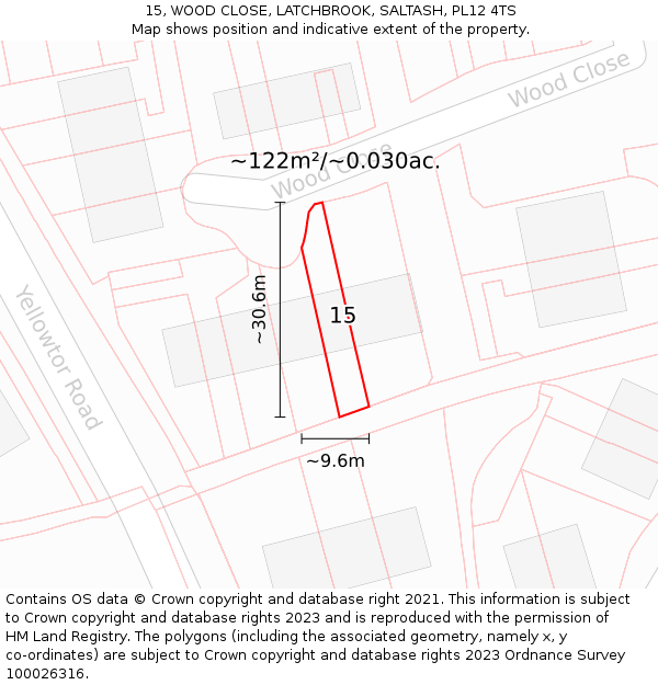 15, WOOD CLOSE, LATCHBROOK, SALTASH, PL12 4TS: Plot and title map
