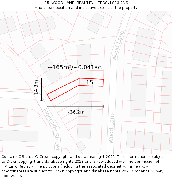 15, WOOD LANE, BRAMLEY, LEEDS, LS13 2NS: Plot and title map