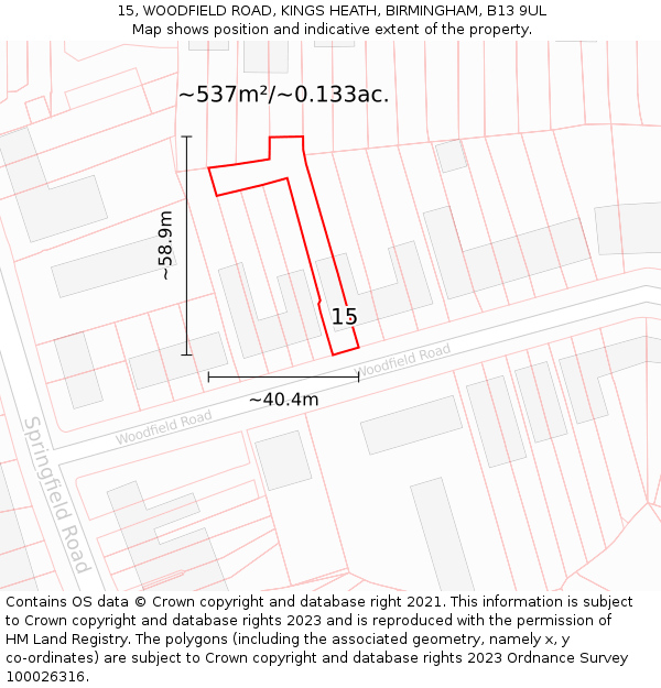 15, WOODFIELD ROAD, KINGS HEATH, BIRMINGHAM, B13 9UL: Plot and title map