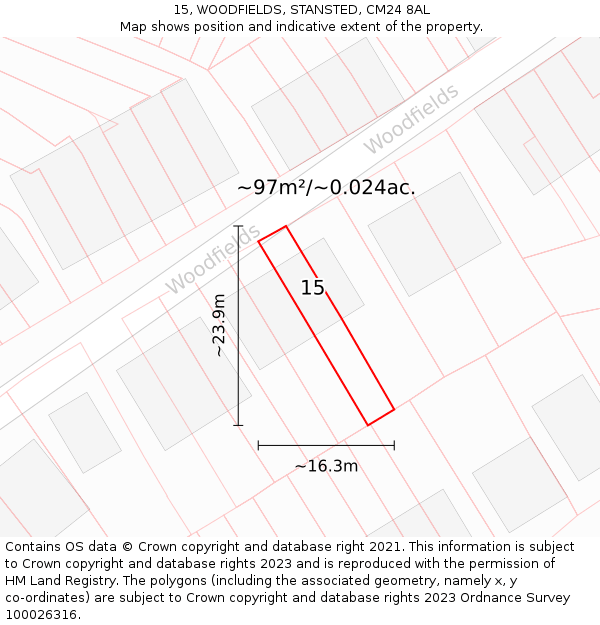 15, WOODFIELDS, STANSTED, CM24 8AL: Plot and title map