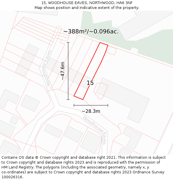 15, WOODHOUSE EAVES, NORTHWOOD, HA6 3NF: Plot and title map
