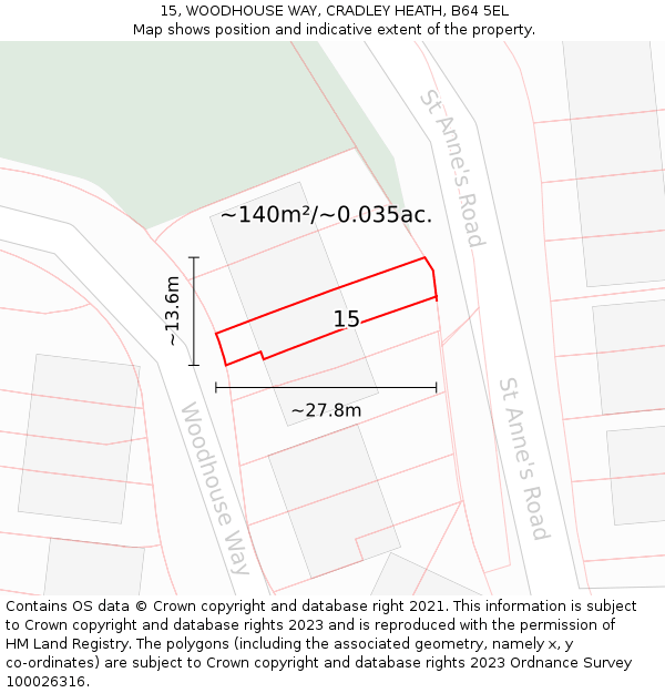 15, WOODHOUSE WAY, CRADLEY HEATH, B64 5EL: Plot and title map