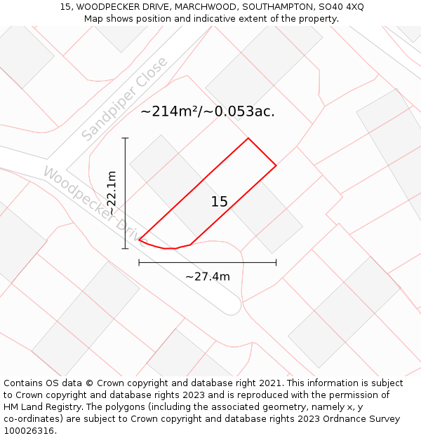 15, WOODPECKER DRIVE, MARCHWOOD, SOUTHAMPTON, SO40 4XQ: Plot and title map