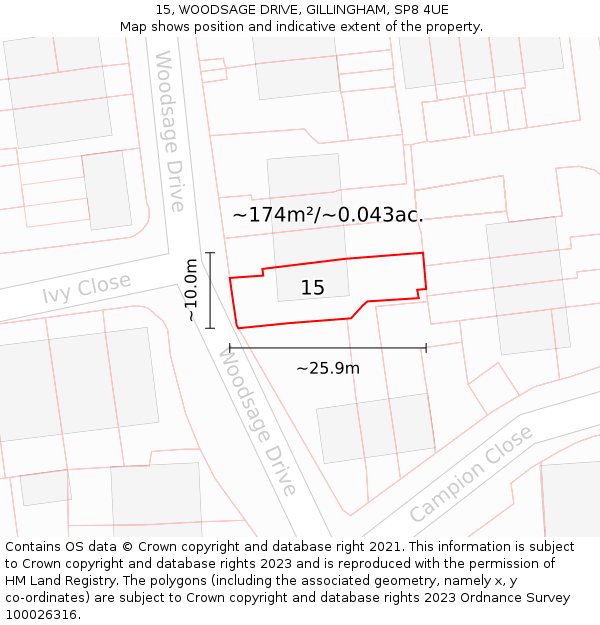 15, WOODSAGE DRIVE, GILLINGHAM, SP8 4UE: Plot and title map