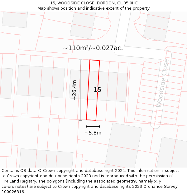 15, WOODSIDE CLOSE, BORDON, GU35 0HE: Plot and title map