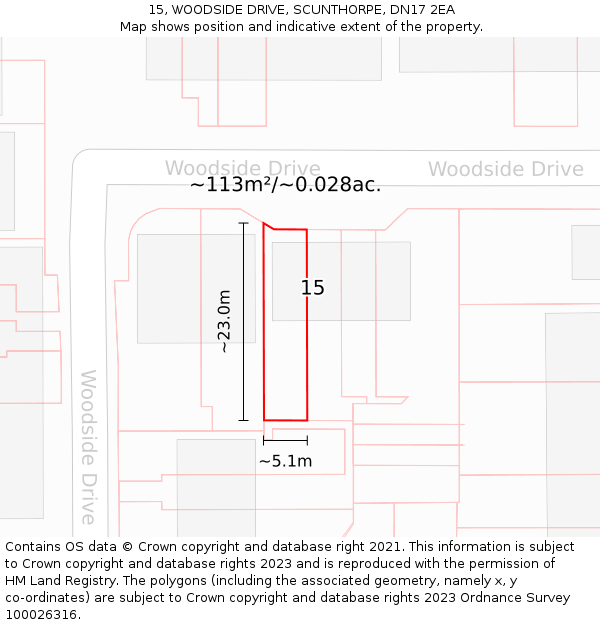 15, WOODSIDE DRIVE, SCUNTHORPE, DN17 2EA: Plot and title map