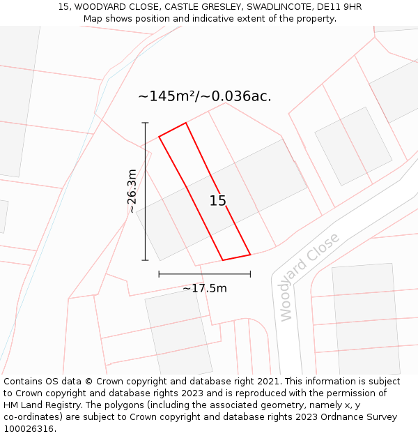 15, WOODYARD CLOSE, CASTLE GRESLEY, SWADLINCOTE, DE11 9HR: Plot and title map