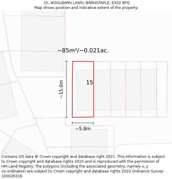 15, WOOLBARN LAWN, BARNSTAPLE, EX32 8PQ: Plot and title map
