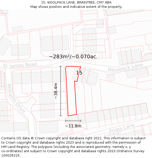15, WOOLPACK LANE, BRAINTREE, CM7 9BA: Plot and title map