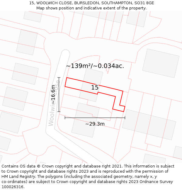 15, WOOLWICH CLOSE, BURSLEDON, SOUTHAMPTON, SO31 8GE: Plot and title map