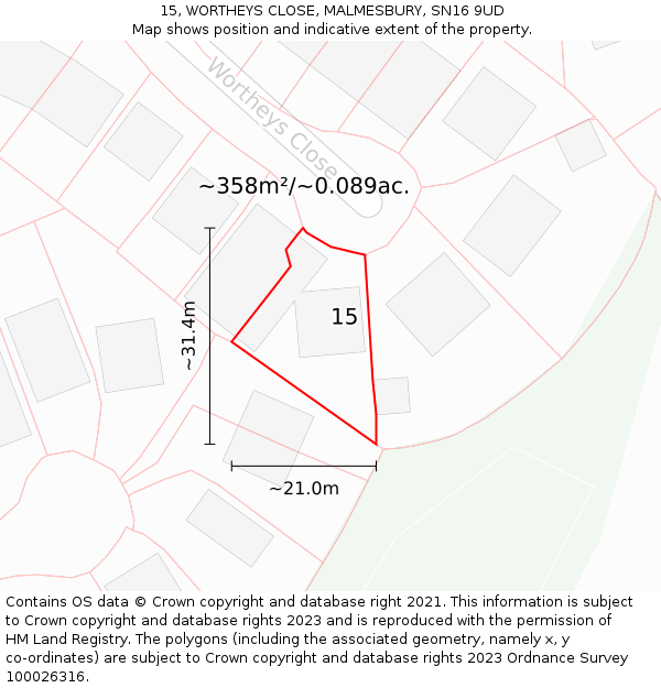 15, WORTHEYS CLOSE, MALMESBURY, SN16 9UD: Plot and title map