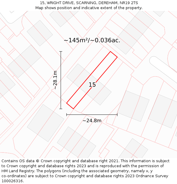 15, WRIGHT DRIVE, SCARNING, DEREHAM, NR19 2TS: Plot and title map