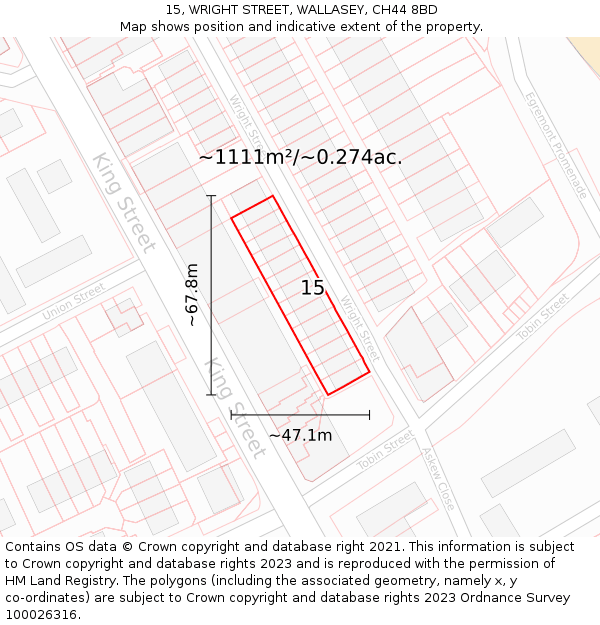 15, WRIGHT STREET, WALLASEY, CH44 8BD: Plot and title map