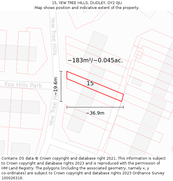 15, YEW TREE HILLS, DUDLEY, DY2 0JU: Plot and title map