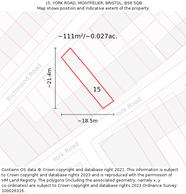 15, YORK ROAD, MONTPELIER, BRISTOL, BS6 5QB: Plot and title map